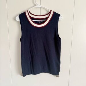 Navy Sleeveless Sweater with Red and White Trim